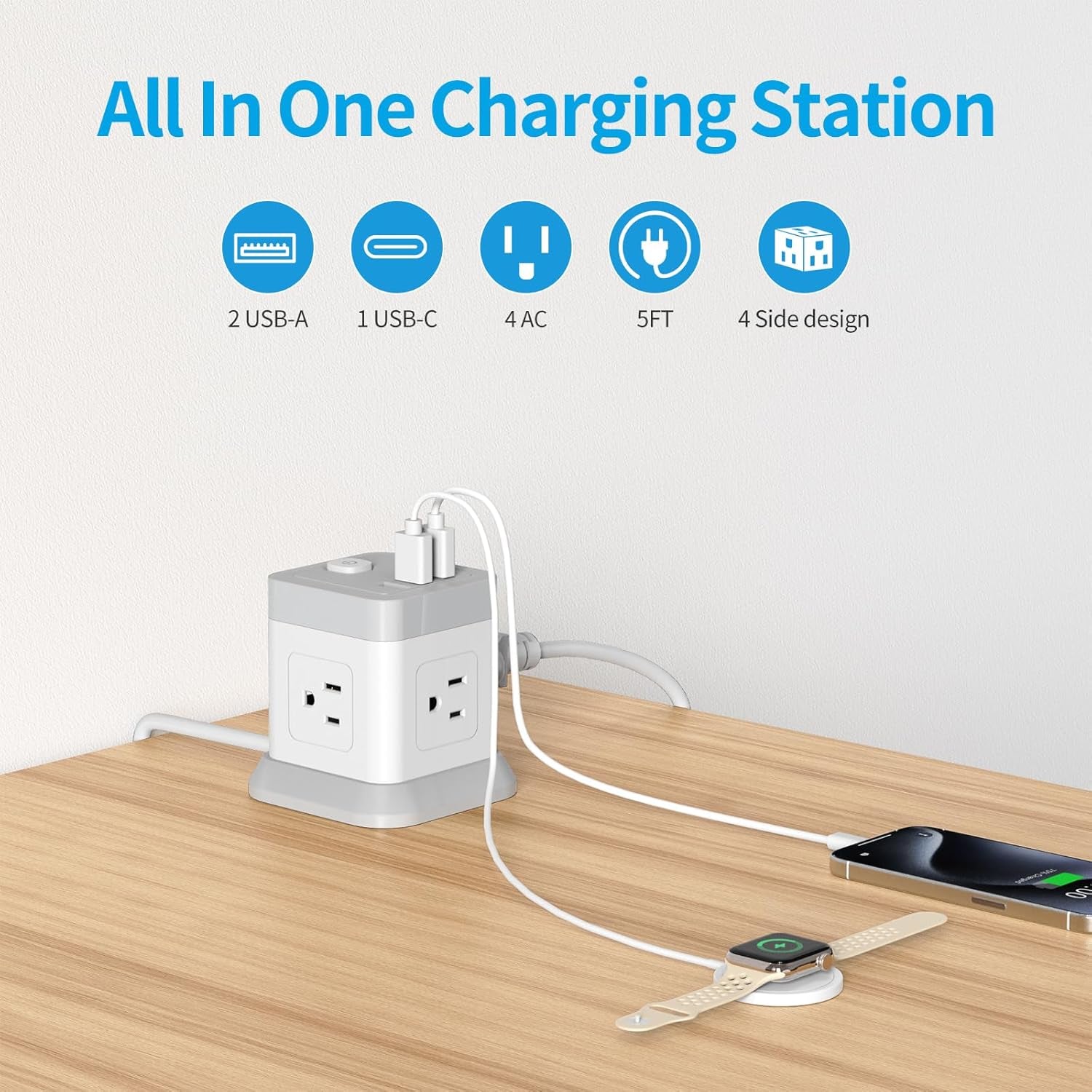 Flat Plug Power Strip with 4 Outlets and 3 USB Ports (1 USB-C), 5 FT Extension Cord, Desktop Charging Station with Overload Protection, Compact and Portable for Home and Office Use