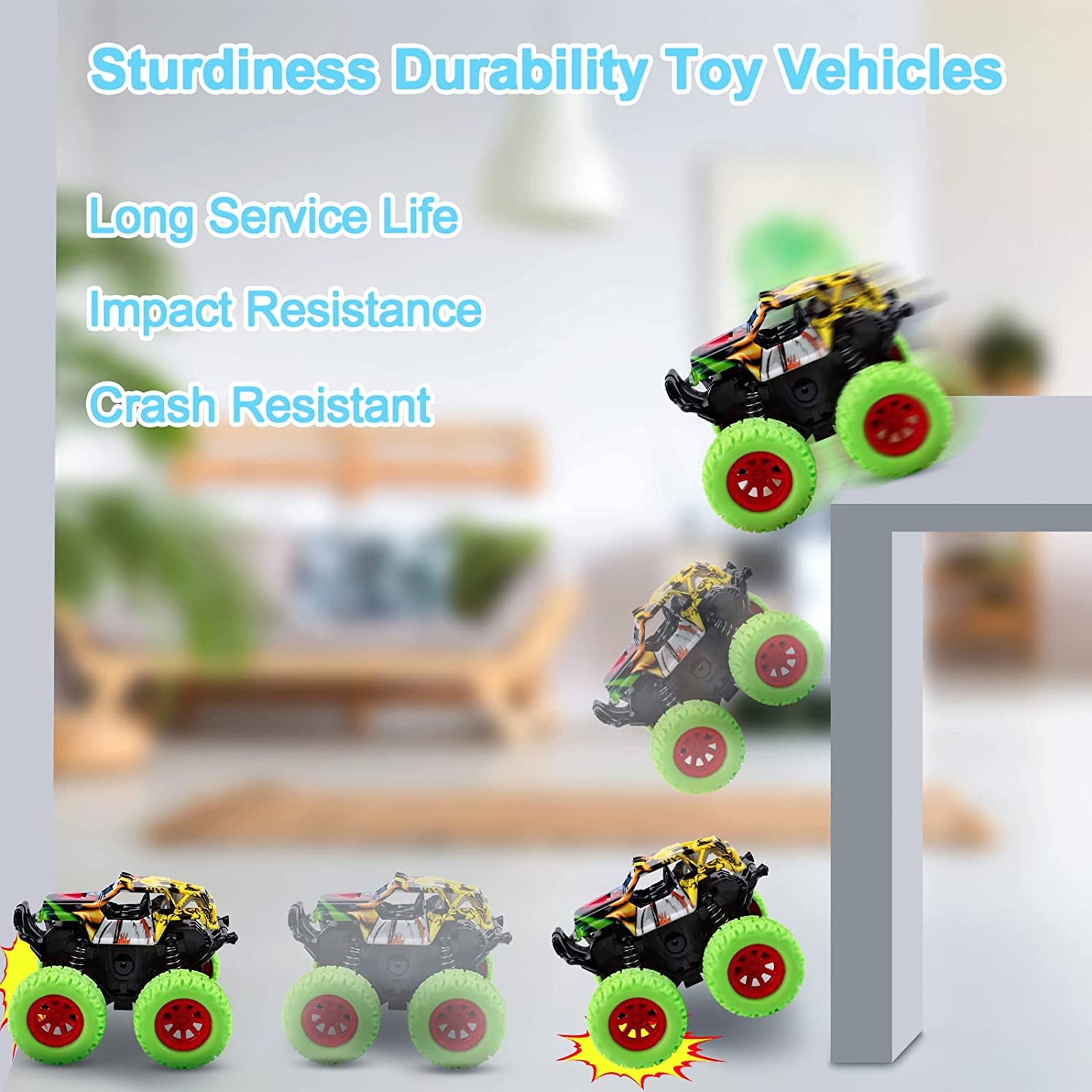 Monster Truck Toys for Ages 2-4, Friction-Powered Stunt Cars with 360° Rotation for Toddlers 1-3, Ideal Gifts for Boys and Girls (2-Pack - Blue and Green)