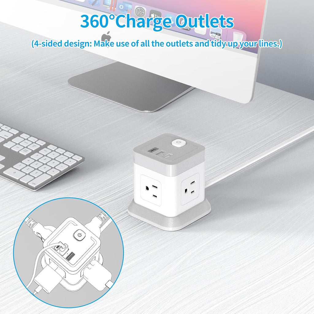 Flat Plug Power Strip with 4 Outlets and 3 USB Ports (1 USB-C), 5 FT Extension Cord, Desktop Charging Station with Overload Protection, Compact and Portable for Home and Office Use