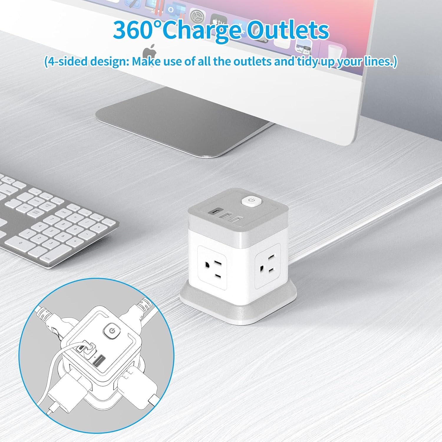 Flat Plug Power Strip with 4 Outlets and 3 USB Ports (1 USB-C), 5 FT Extension Cord, Desktop Charging Station with Overload Protection, Compact and Portable for Home and Office Use