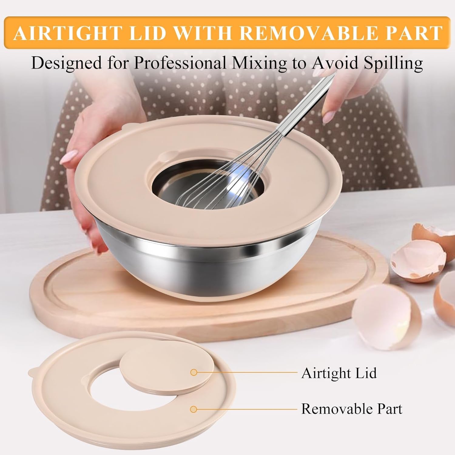 20-Piece Mixing Bowls Set with Airtight Lids - 6 Stainless Steel Bowls & 3 Grater Attachments, Non-Slip Silicone Bottoms, Perfect for Serving & Baking (Khaki)