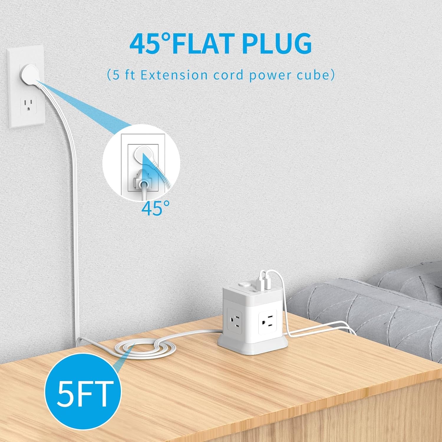 Flat Plug Power Strip with 4 Outlets and 3 USB Ports (1 USB-C), 5 FT Extension Cord, Desktop Charging Station with Overload Protection, Compact and Portable for Home and Office Use