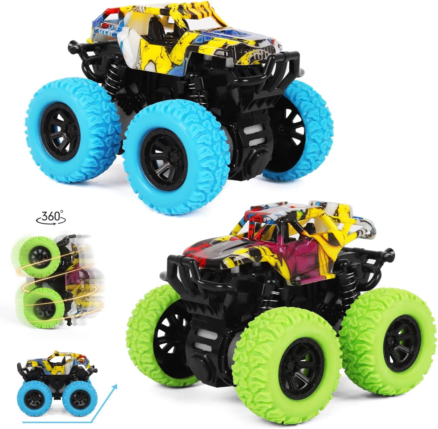 Monster Truck Toys for Ages 2-4, Friction-Powered Stunt Cars with 360° Rotation for Toddlers 1-3, Ideal Gifts for Boys and Girls (2-Pack - Blue and Green)