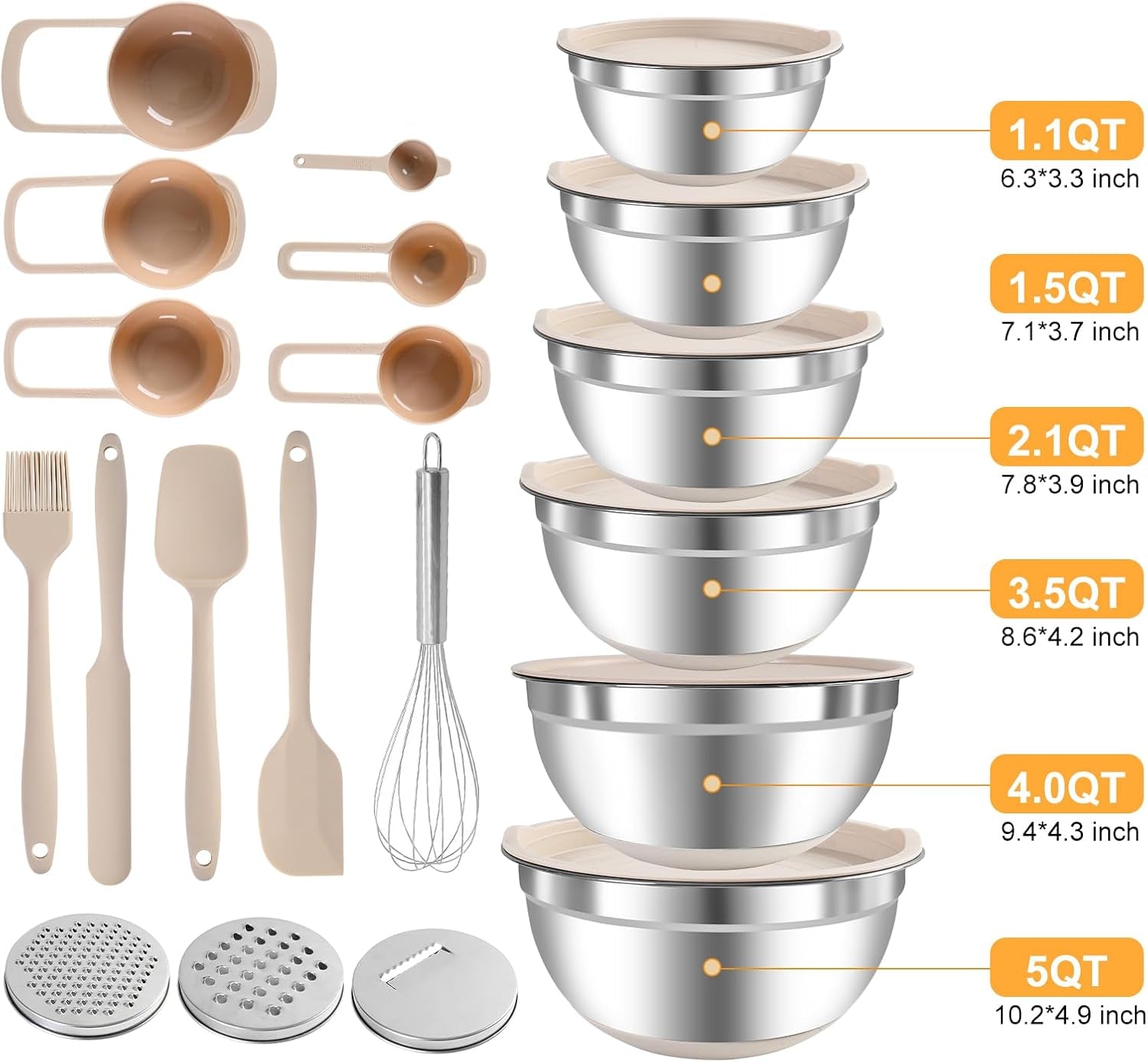 20-Piece Mixing Bowls Set with Airtight Lids - 6 Stainless Steel Bowls & 3 Grater Attachments, Non-Slip Silicone Bottoms, Perfect for Serving & Baking (Khaki)
