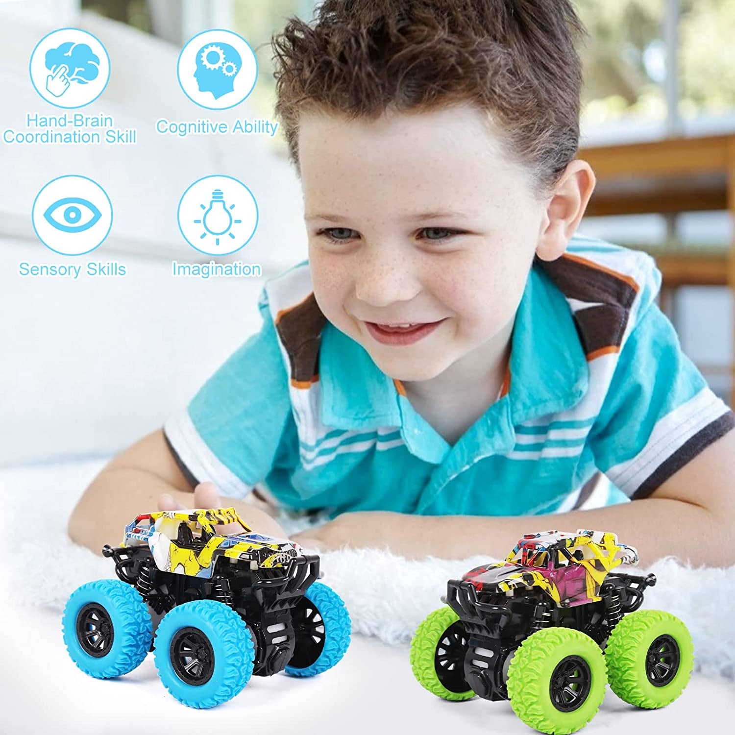 Monster Truck Toys for Ages 2-4, Friction-Powered Stunt Cars with 360° Rotation for Toddlers 1-3, Ideal Gifts for Boys and Girls (2-Pack - Blue and Green)