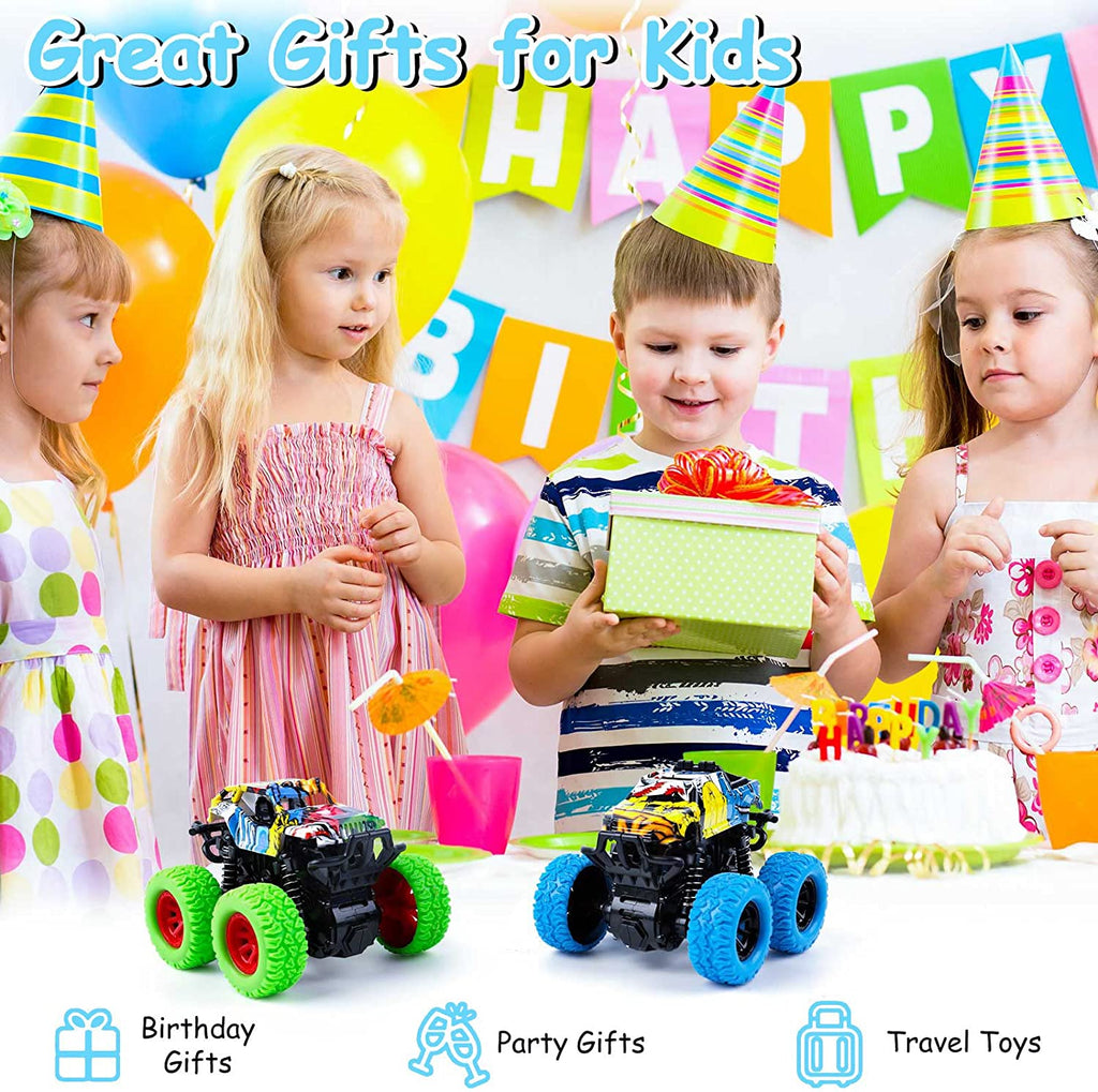 Monster Truck Toys for Ages 2-4, Friction-Powered Stunt Cars with 360° Rotation for Toddlers 1-3, Ideal Gifts for Boys and Girls (2-Pack - Blue and Green)