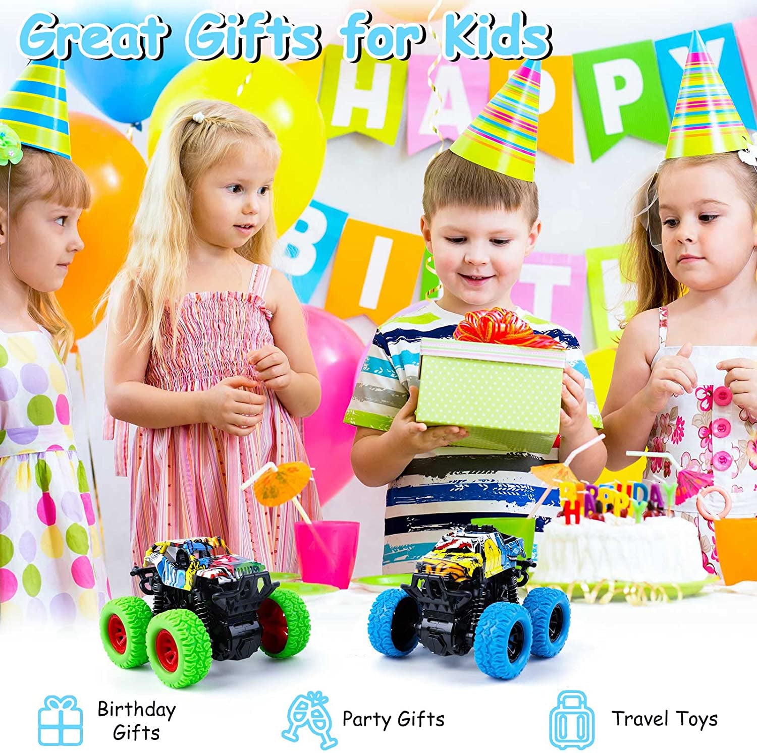 Monster Truck Toys for Ages 2-4, Friction-Powered Stunt Cars with 360° Rotation for Toddlers 1-3, Ideal Gifts for Boys and Girls (2-Pack - Blue and Green)
