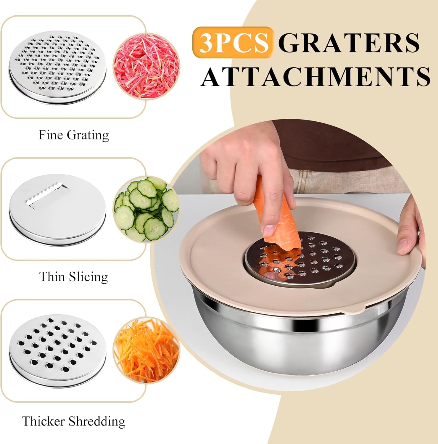 20-Piece Mixing Bowls Set with Airtight Lids - 6 Stainless Steel Bowls & 3 Grater Attachments, Non-Slip Silicone Bottoms, Perfect for Serving & Baking (Khaki)