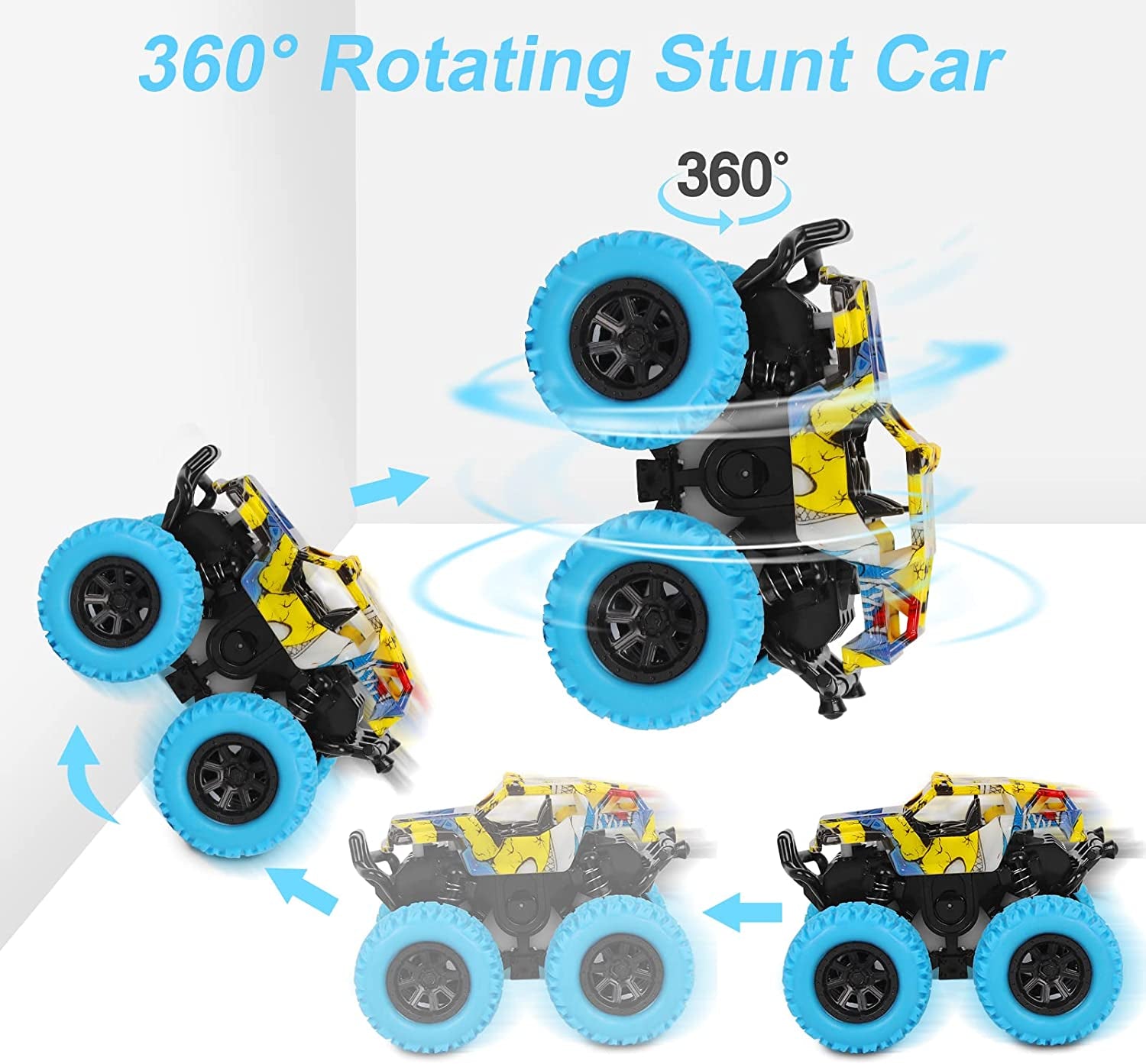 Monster Truck Toys for Ages 2-4, Friction-Powered Stunt Cars with 360° Rotation for Toddlers 1-3, Ideal Gifts for Boys and Girls (2-Pack - Blue and Green)