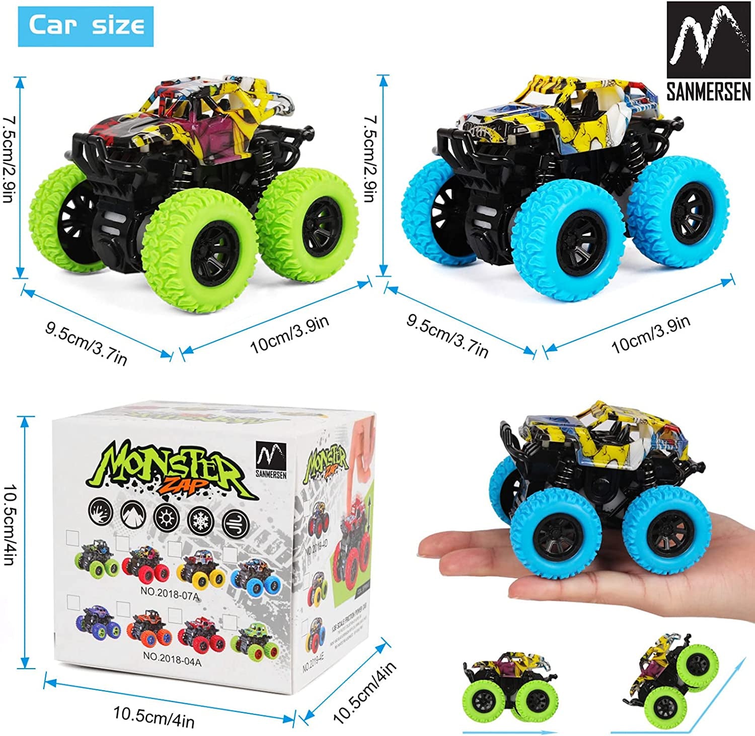 Monster Truck Toys for Ages 2-4, Friction-Powered Stunt Cars with 360° Rotation for Toddlers 1-3, Ideal Gifts for Boys and Girls (2-Pack - Blue and Green)