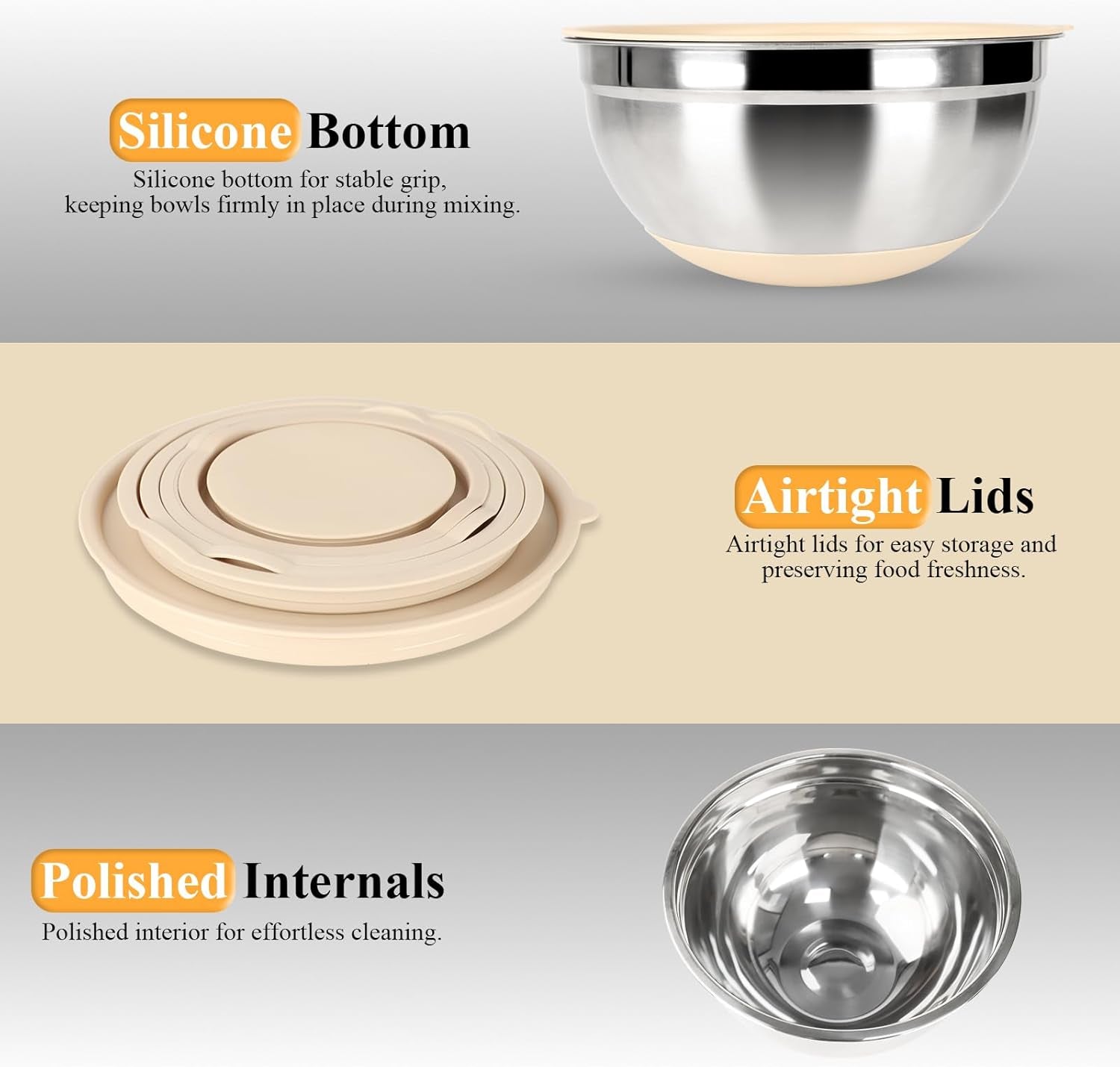 20-Piece Mixing Bowls Set with Airtight Lids - 6 Stainless Steel Bowls & 3 Grater Attachments, Non-Slip Silicone Bottoms, Perfect for Serving & Baking (Khaki)