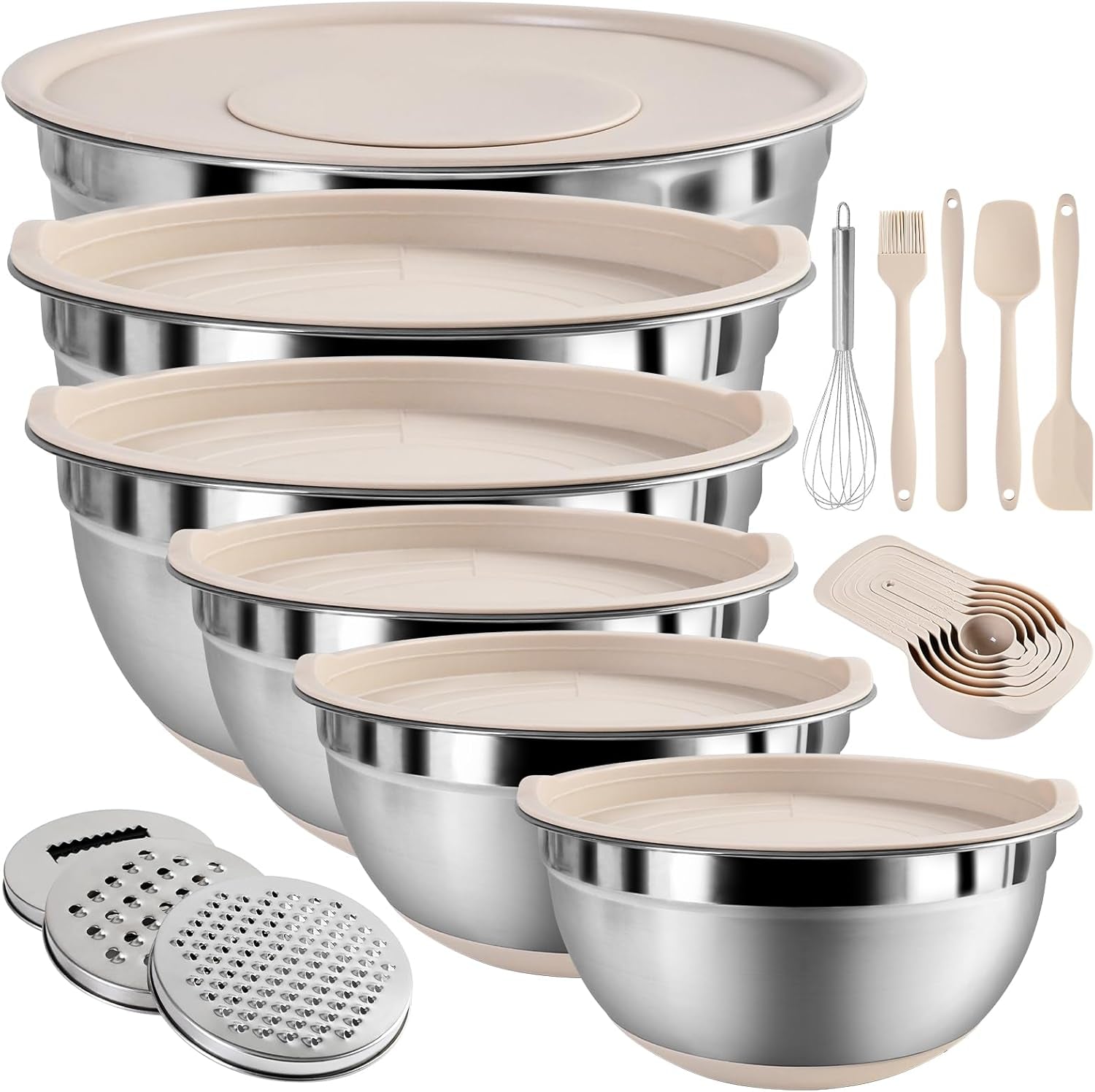 20-Piece Mixing Bowls Set with Airtight Lids - 6 Stainless Steel Bowls & 3 Grater Attachments, Non-Slip Silicone Bottoms, Perfect for Serving & Baking (Khaki)