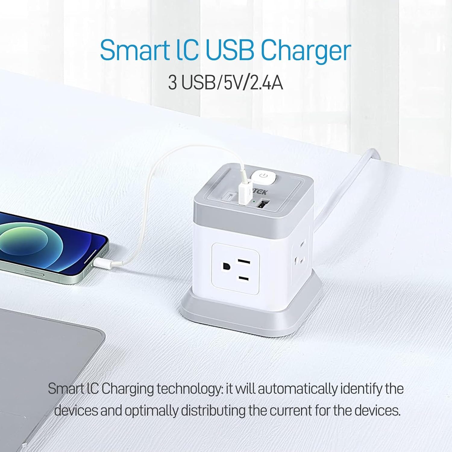 Flat Plug Power Strip with 4 Outlets and 3 USB Ports (1 USB-C), 5 FT Extension Cord, Desktop Charging Station with Overload Protection, Compact and Portable for Home and Office Use