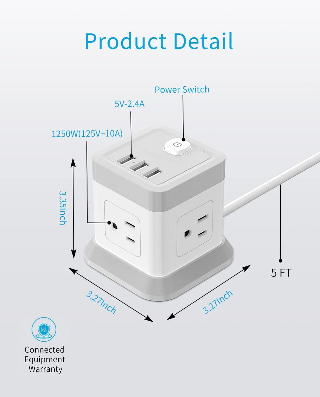 Flat Plug Power Strip with 4 Outlets and 3 USB Ports (1 USB-C), 5 FT Extension Cord, Desktop Charging Station with Overload Protection, Compact and Portable for Home and Office Use