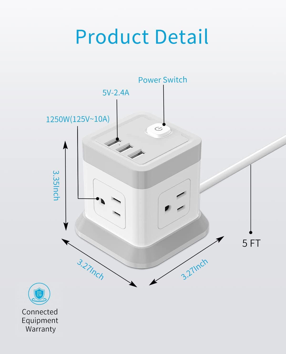 Flat Plug Power Strip with 4 Outlets and 3 USB Ports (1 USB-C), 5 FT Extension Cord, Desktop Charging Station with Overload Protection, Compact and Portable for Home and Office Use