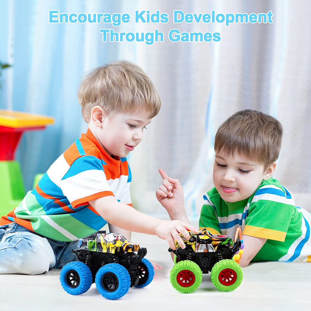 Monster Truck Toys for Ages 2-4, Friction-Powered Stunt Cars with 360° Rotation for Toddlers 1-3, Ideal Gifts for Boys and Girls (2-Pack - Blue and Green)