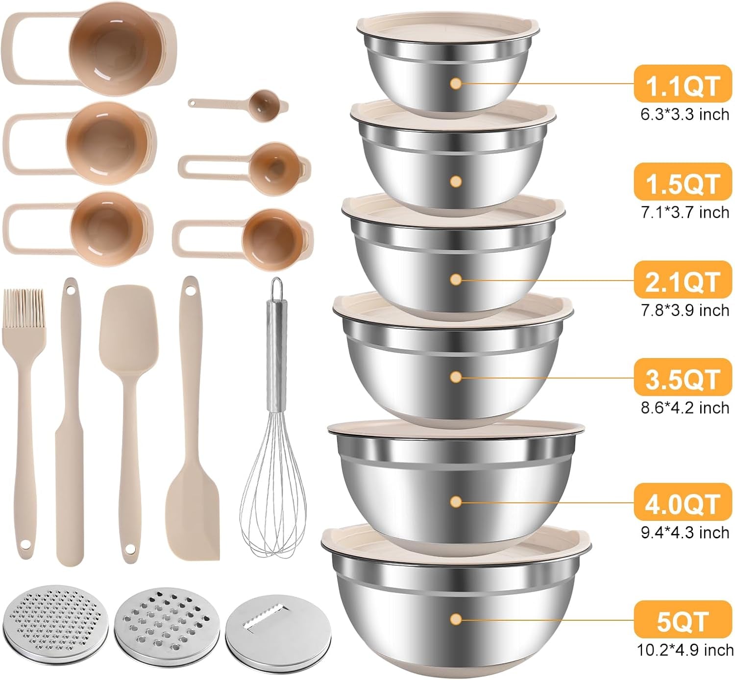 20-Piece Mixing Bowls Set with Airtight Lids - 6 Stainless Steel Bowls & 3 Grater Attachments, Non-Slip Silicone Bottoms, Perfect for Serving & Baking (Khaki)